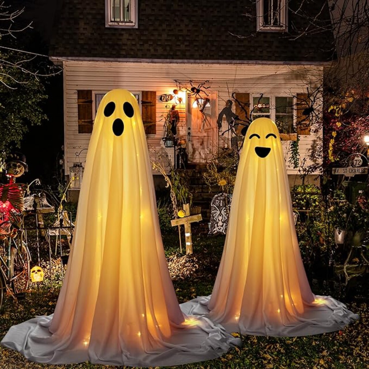 2 Pack Light up Ghost Easy to Assemble, Ghost Halloween Decor Adjustable Height, Standing Ghost Halloween Porch | Yard | Graveyard | Party Decorations